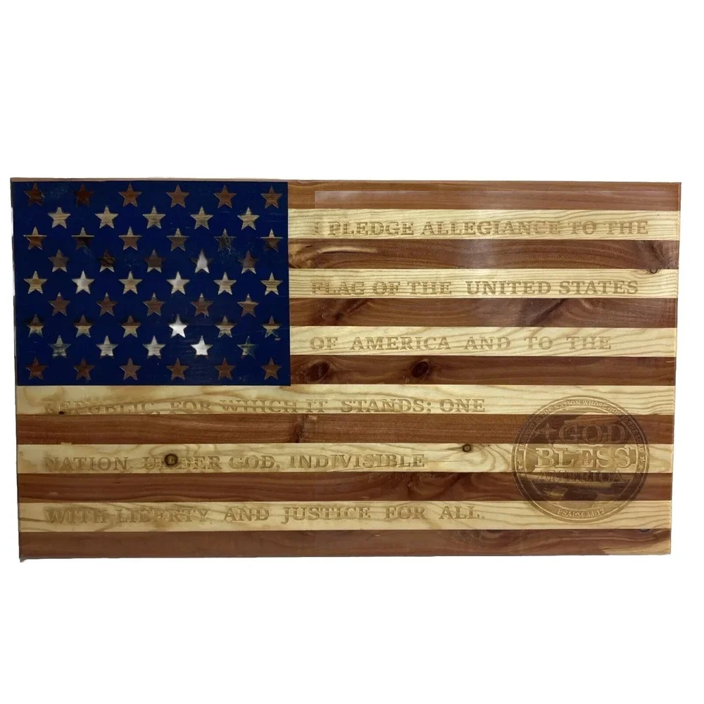 Solid Wood Etched American Flag Pledge Of Allegiance 22x12.5 Patriot 4th of July